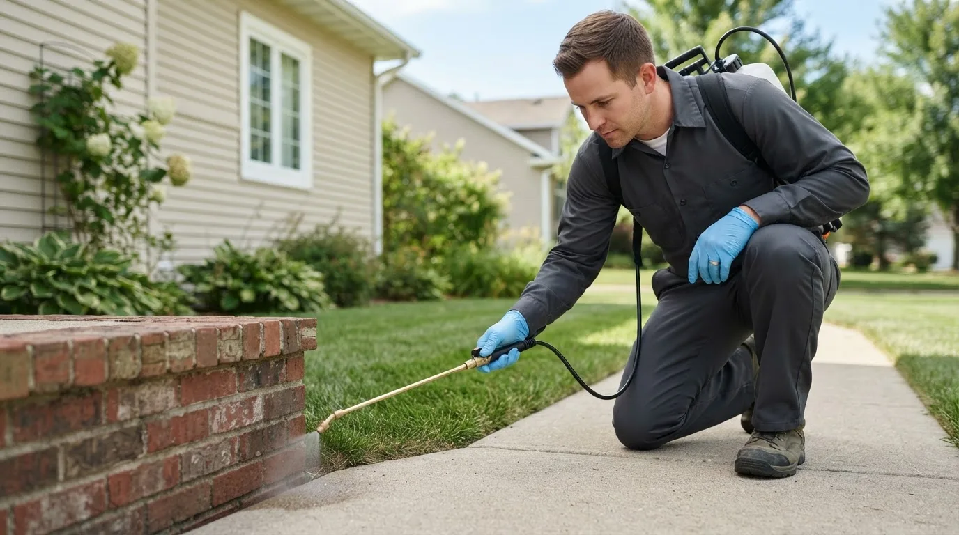 Pest control technician treating a home near Bellvue, CO